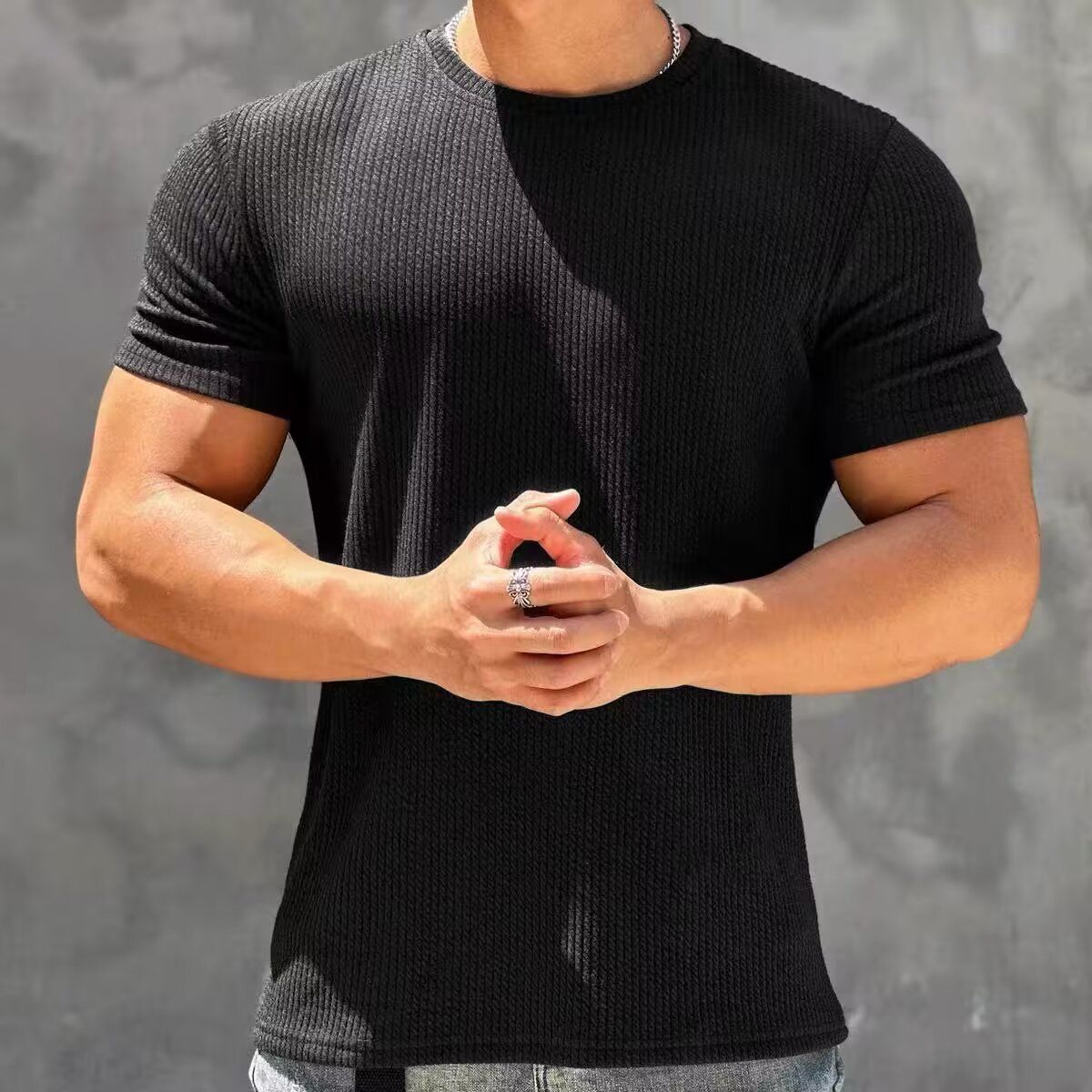 Men's Clothing Neck Short Sleeve Men's T Shirt Sports Fitness Running Trendy Brand Breathable Stretch Top_viptrois.com