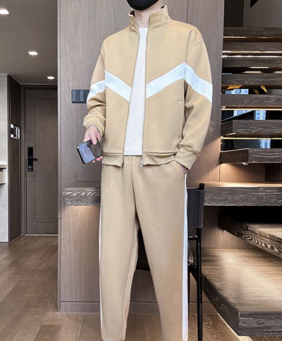 Men's Clothing Spring New Casual Suit Men's Contrast Color Stitching Stand Collar Two piece Suit Sports Youth Style Loose_viptrois.com