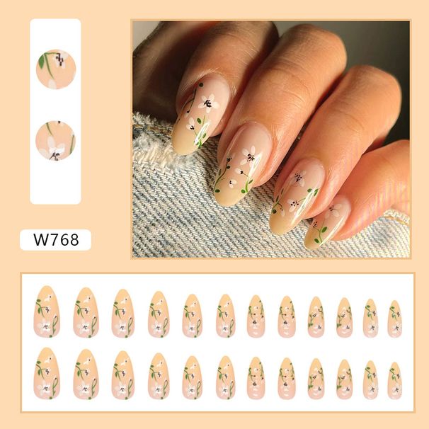 Naked Yellow Gradient Retro Flower Nail Art Round Head European And American Almond Armor Gentle And Cute Girl Simple Elegant Nail Art_viptrois.com