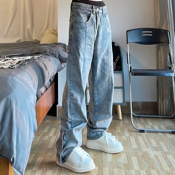 Men's Clothing High Street Fashion Brand Embroidered Buttoned Casual Trousers Men's Vibe Style Blue Loose Hip-hop Street Jeans Trend_viptrois.com