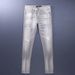 Men's Distressed Light Gray Washed Ripped Knee Patchwork Slim Fit Stretch Jeans For Street Style Versatile Light Gray Wash_viptrois.com