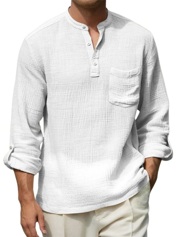 2026 Spring Summer Men's Cotton Linen Long Sleeve Shirts Casual Henry Collar Solid Breathable Loose Beach Shirt Man Pull On Tops_viptrois.com