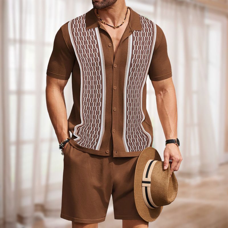 Men's Clothing Cool Silk Jacquard Two Piece Knitted Sweater Casual Polo Shirt Suit_viptrois.com