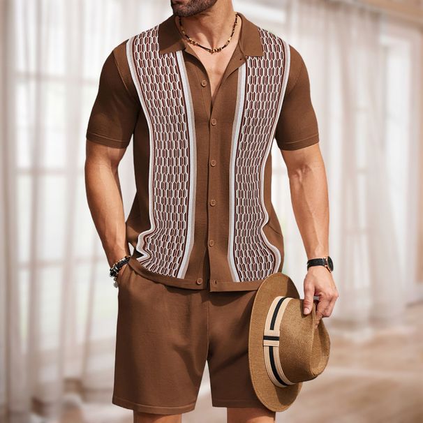 Men's Clothing Cool Silk Jacquard Two Piece Knitted Sweater Casual Polo Shirt Suit_viptrois.com