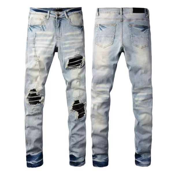 New Trendy Brand Letter High Street Black Fabric Patched Ripped Beggar Teen Washed Slim Fit Elastic Men's Clothing_viptrois.com