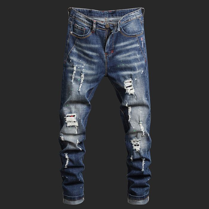 Men's Slim Tapered Jeans – Distressed Blue Denim Pants With Artistic Washes, Hand-Painted Details & Micro-Stretch (28-38, Mid-Rise Straight Fit)_viptrois.com