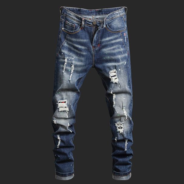 Men's Slim Tapered Jeans – Distressed Blue Denim Pants With Artistic Washes, Hand-Painted Details & Micro-Stretch (28-38, Mid-Rise Straight Fit)_viptrois.com