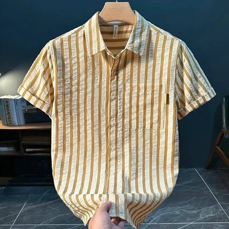 Men's Clothing Short Sleeve Shirt Summer New Striped Casual Tops Trendy Splicing Shirt Thin Section_viptrois.com