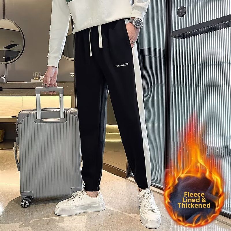 Men's Style Velvet Sweatpants Warm Casual Embroidered Sports Pants With Side Stripes Loose Cuffs For Autumn Winter_viptrois.com