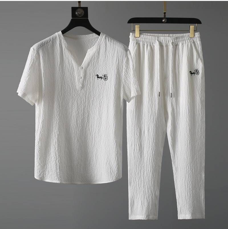 Men's Clothing new thin casual sports suit men's summer Chinese style high-end V-neck embroidery slim short-sleeved two-piece suit_viptrois.com
