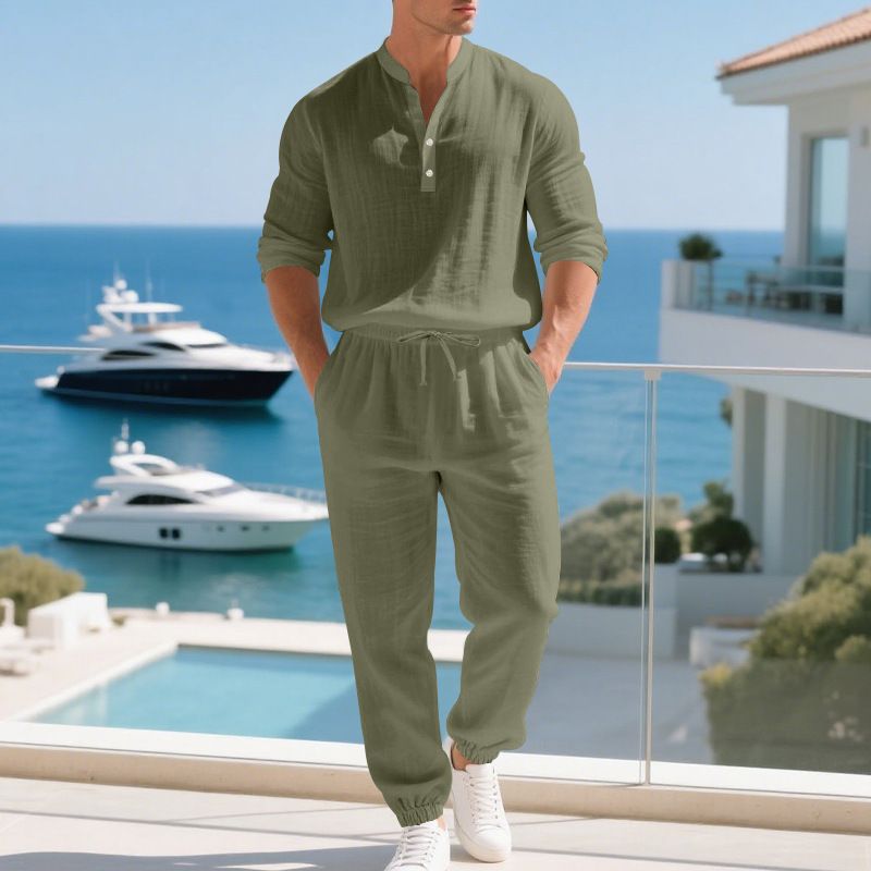 Men's Autumnal Linen Suit Loose Fit Hawaiian Print Long Sleeve Henley Shirt And Trouser Set For Home And Commuting_viptrois.com