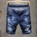 Men's new style foreign trade exclusive style embroidered frayed stretch blue mid-length pants men's jeans_viptrois.com