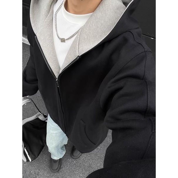 Retro Double Zipper Cardigan Hooded Sweatshirt Trendy Brand Loose And Versatile Casual Jacket_viptrois.com