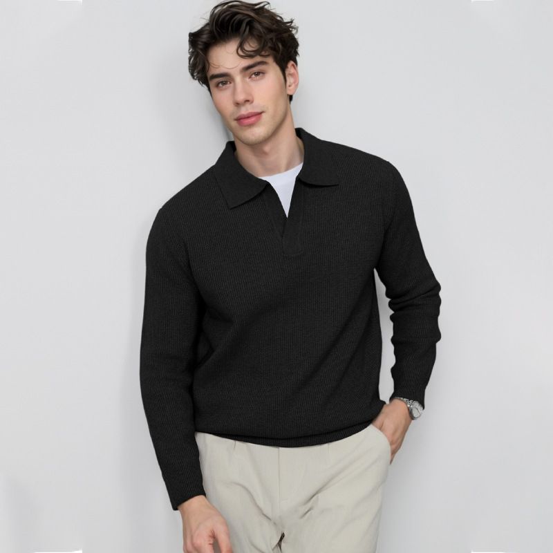 Men's Clothing Men's Autumn Winter Business Casual V-Neck Knit Sweater - Old Money Style Lapel Wool Blend Pullover For Lightweight & Versatile Wear_viptrois.com