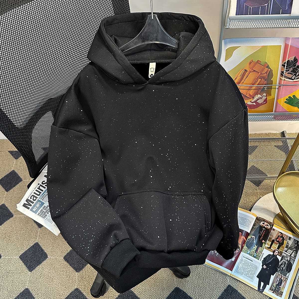 Streetwear Hoodie Men's Graphic Pullover – Oversized Drop Shoulder Design, Black Star Embroidery, Unisex High Fashion Casual Wear_viptrois.com