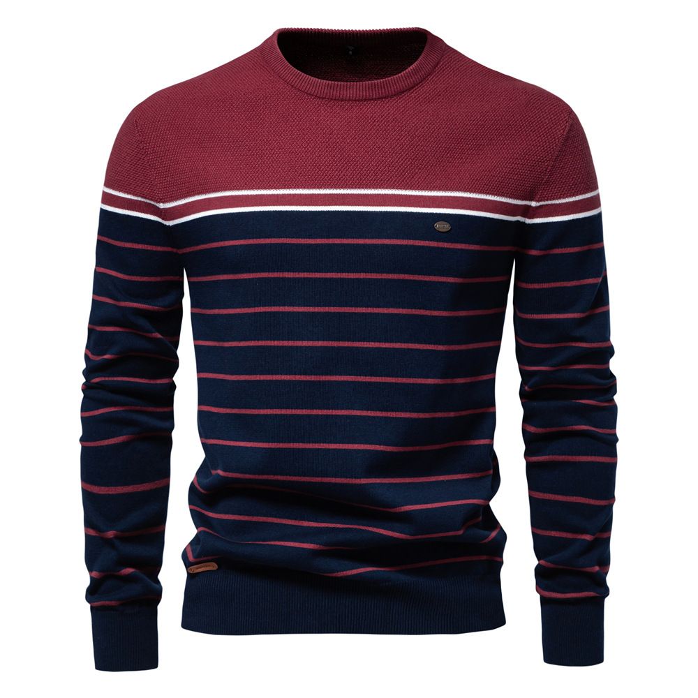 Striped Color Matching Long-sleeved Men's Knitted Sweater Fashionable Crew Neck Men's Casual Sweater_viptrois.com
