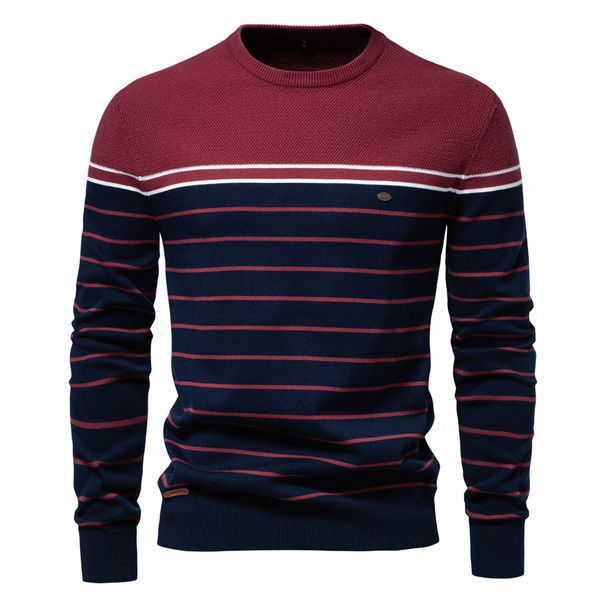 Striped Color Matching Long-sleeved Men's Knitted Sweater Fashionable Crew Neck Men's Casual Sweater_viptrois.com