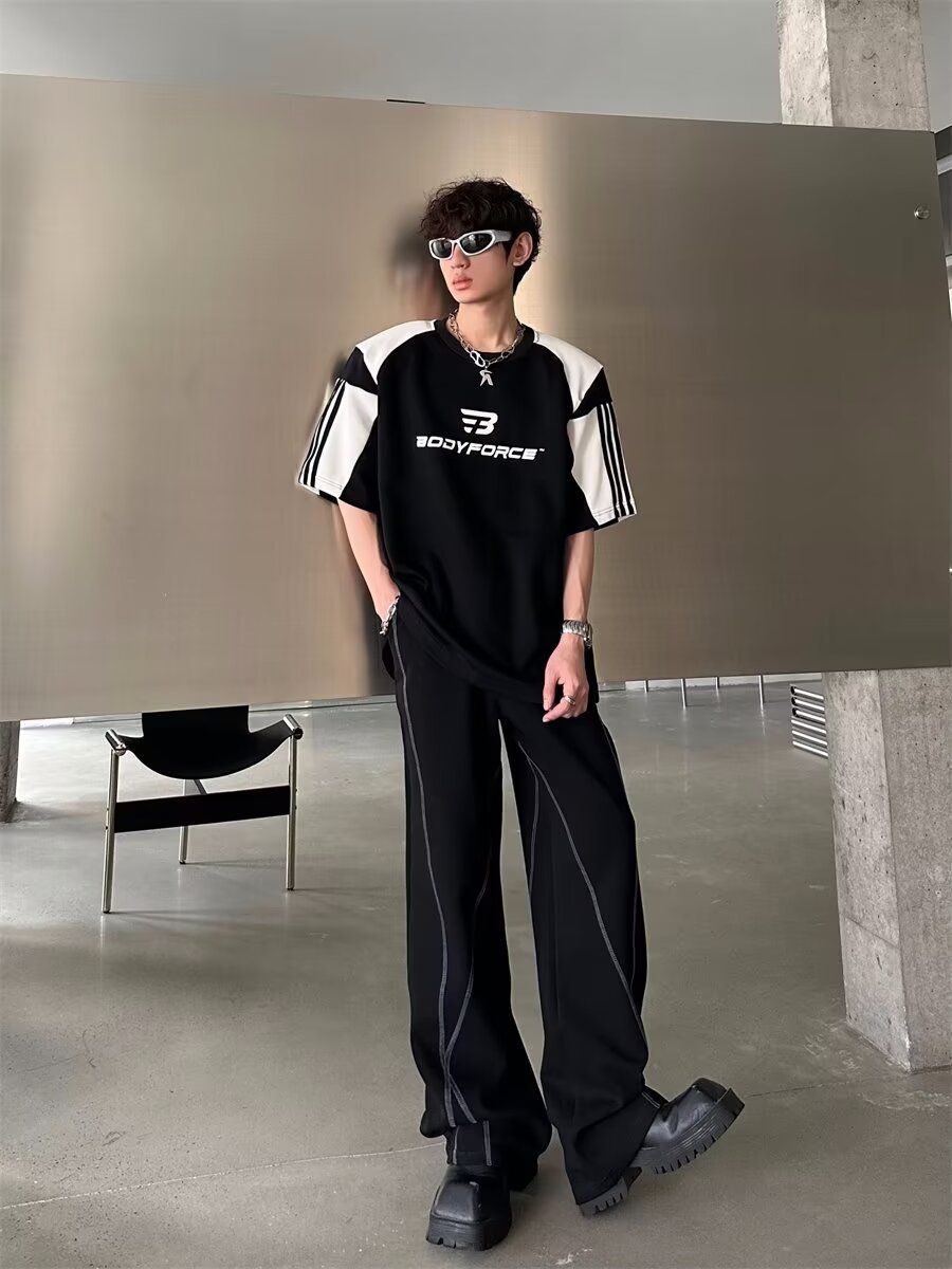 Men's Clothing Style Shoulder Pad Short Sleeved T Shirt Three Stripes Men And Women Street All Match_viptrois.com