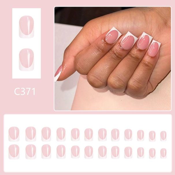 Short glossy square nail simple pink French white edge wear nail European and American versatile elegant wear nail manicure 24 pieces_viptrois.com