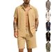 Men's Summer Linen Jacquard Shirt And Beach Shorts Set Loose Striped Short Sleeved Cross Border European American Style_viptrois.com