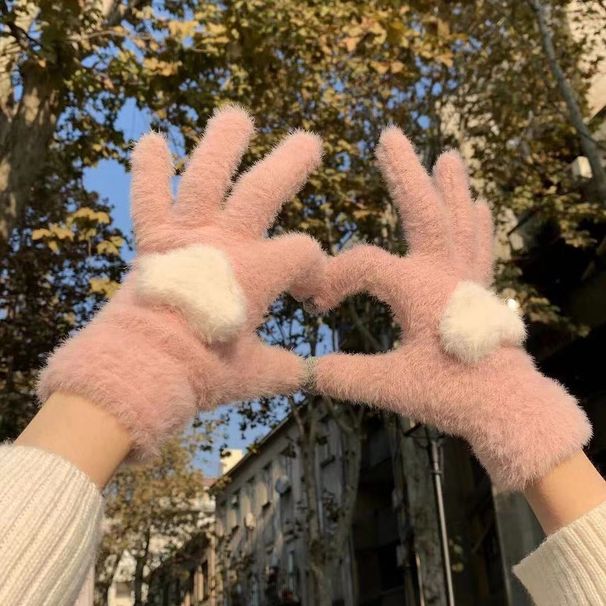 New Plush Heart Touchscreen Outdoor Five-Finger Cute Knitted Autumn Warm Windproof Winter Girl Gloves_viptrois.com