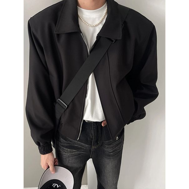 Short Jacket Ruffian Handsome Senior Sense Shoulder Padded Short Pilot Trend Lapel Zipper Jacket_viptrois.com