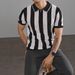 Men's Summer Stripe Knit Polo Shirt With Hollow Design, Loose Fit Casual Short Sleeve Top, Black & White Contrast_viptrois.com