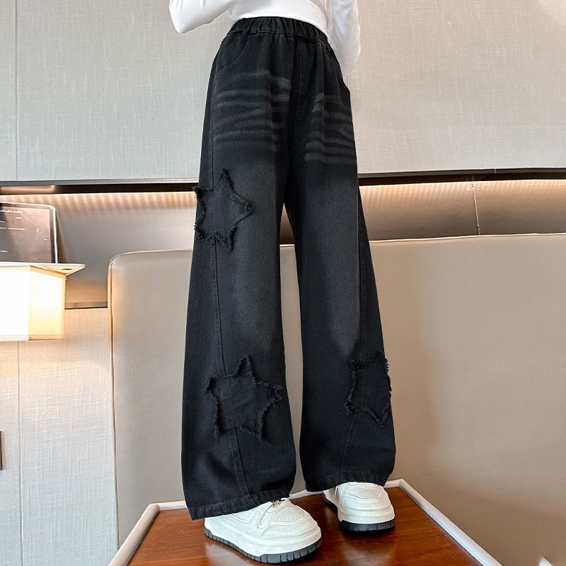 Foreign Trade Wholesale Girls Jeans Spring And Autumn Style Large Children's Wide Leg Pants Girls Fashionable All Match Five Pointed Star Pants Trend_viptrois.com