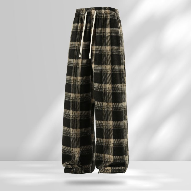 Men's Winter Fleece-Lined Pants – Cozy Sherpa Lined Plaid Trousers With Elastic Waist, Loose Fit & Thermal Insulation For Cold Weather Casual Wear_viptrois.com