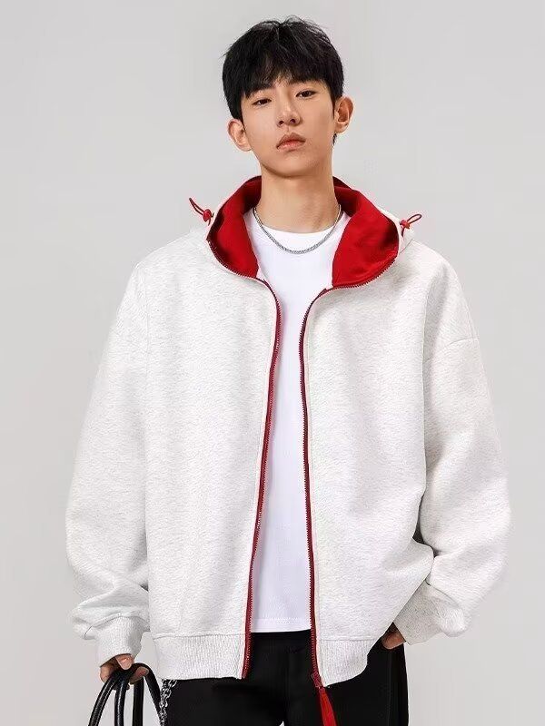 Zipper Cardigan Sweatshirt Men's Design Sense Splicing Hooded Jacket College Style Couple Top_viptrois.com