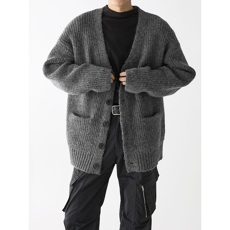 Men's Retro Stripe V-Neck Cardigan – Korean Street Style Loose Fit (White-Grey/Beige-Apricot/Dark Gray)_viptrois.com