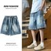 Men's Vintage Blue Washed Denim Shorts, Loose Fit Casual Cargo Shorts For Teen Boys, Summer Streetwear Fashion, Comfortable Cotton Mid-Thigh Shorts_viptrois.com
