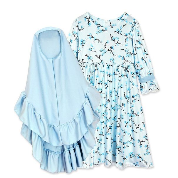 Kids’ Clothing Girls Children's Spring And Autumn Style Long Sleeved Floral Pattern Blue Dress Long Skirt + Headscarf Two Piece Suit Ins_viptrois.com