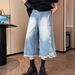 Glacier Blue Ripped Denim Shorts With Rough Edges, Men's American Washed Silhouette Design, Straight Leg Casual Cropped_viptrois.com