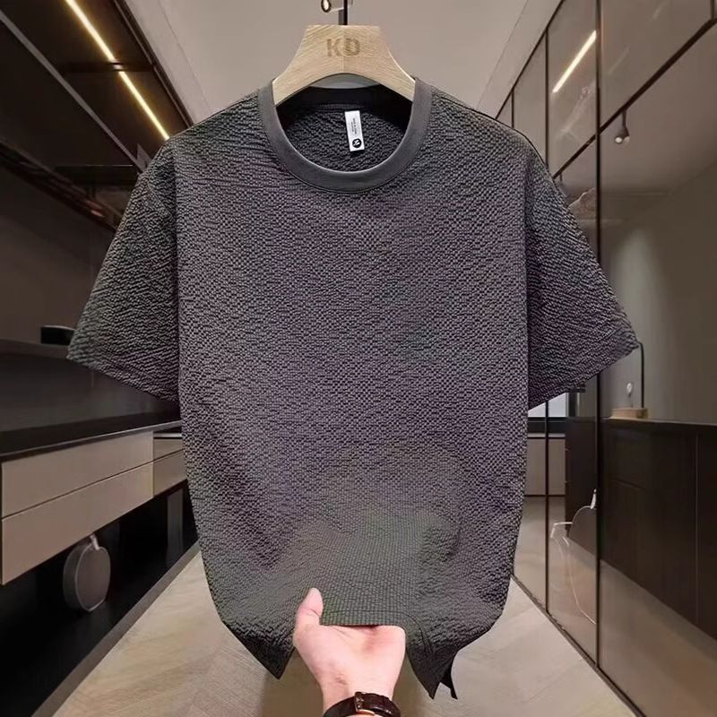 Summer Men's Slim Fit Short Sleeve T-Shirt - Breathable Moisture-Wicking Fabric With Textured Shoulder Design Round Neck Casual Tee For Everyday Wear_viptrois.com