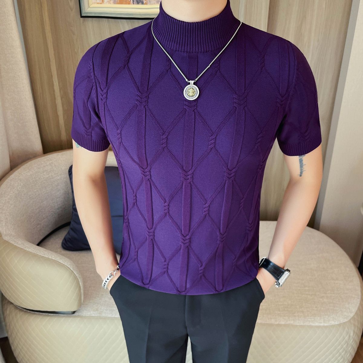 New Product Recommendation Men's Short-sleeved Knitted Sweater Simple Versatile Hooked Flower Spring And Summer Semi-turtleneck Half-sleeved Sweater_viptrois.com