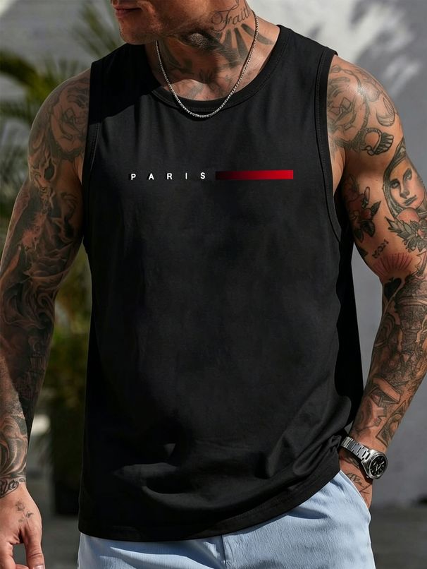 Canotta Uomo Girocollo 100% Cotone Stampa Scritta Parigi Morbida Traspirante Senza Maniche Fitness Casual Primavera Estate Multicolore_viptrois.com