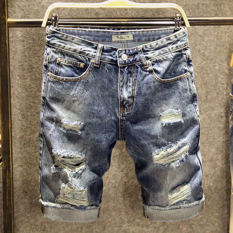 Men's Clothing Sanli Dadi Summer Light Color Hole Denim Shorts Men's Loose Five Point Pants Men's Style Trendy Brand Split Pants_viptrois.com