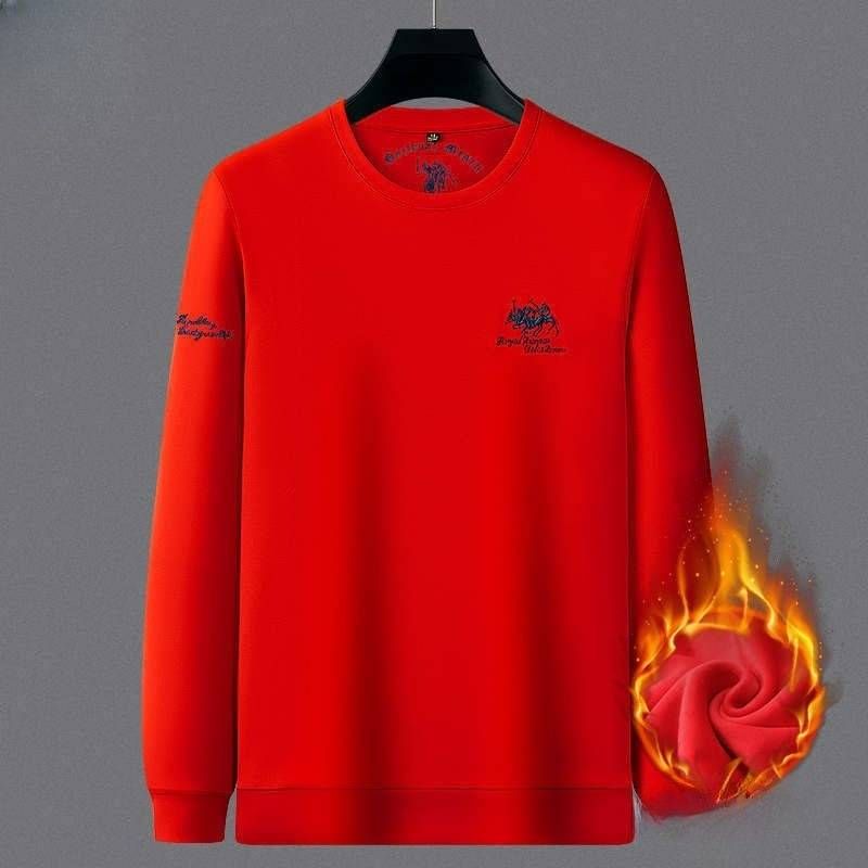 Men's Clothing autumn and winter fleece-lined thickened men's round neck sweater fleece-lined warm Men's bottoming shirt middle-aged T-shirt top_viptrois.com