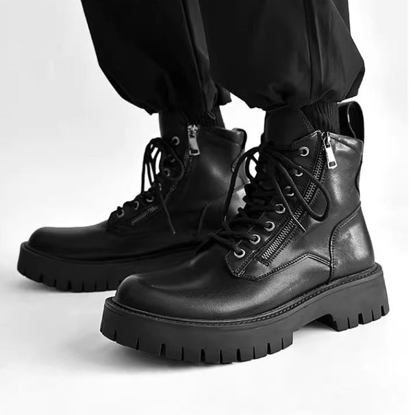 Men's Shoes Martin Boots High End Thick Soled Height Enhancing Motorcycle Work Boots Side Zipper Black High Top Leather Shoes Trendy_viptrois.com