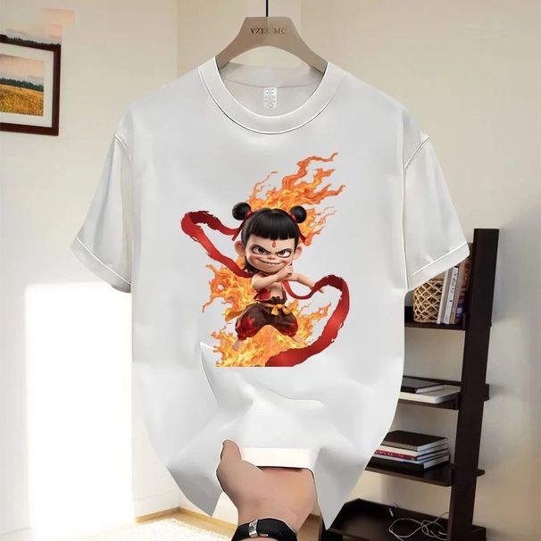 2025 New Summer T-Shirt Guochao Versatile Loose Trend Nezha Printed Crew Neck Cotton Short Sleeve Casual Top_viptrois.com