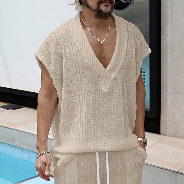 Men's Oversized V-Neck Sleeveless Shirt - Breathable Loose Fit Summer Tank Top With Jacquard Detail_viptrois.com