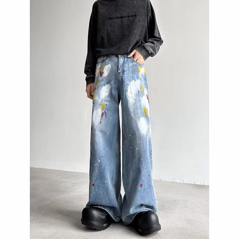 Retro Graffiti Paint Splatter Loose Fit Casual Straight Leg Wide Pants Denim Jeans For Men Breathable Polyester Fabric_viptrois.com
