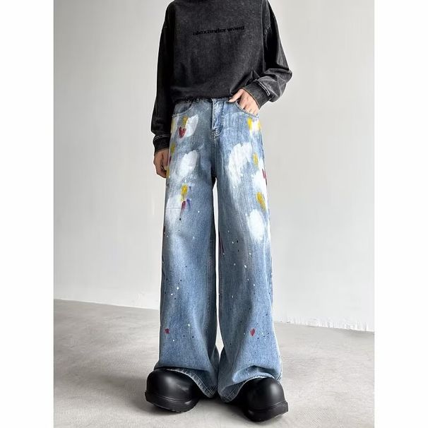 Retro Graffiti Paint Splatter Loose Fit Casual Straight Leg Wide Pants Denim Jeans For Men Breathable Polyester Fabric_viptrois.com