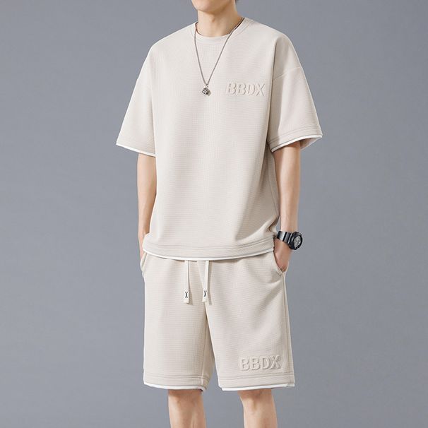 Men's Clothing Summer Sports Suits Large Size Men's Summer Style All Match Waffle Short Sleeved Shorts Two Piece Suit_viptrois.com