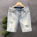Light Colored Ripped Jeans Men's 2024 Summer Thin Loose Shorts Trendy Printed Casual Versatile Five Quarter Pants_viptrois.com