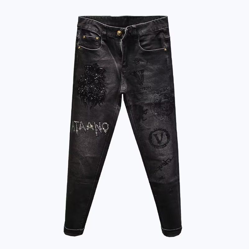 Man's clothing Fashion jeans men heavy iron drill print fashion stretch slim black men's pants_viptrois.com