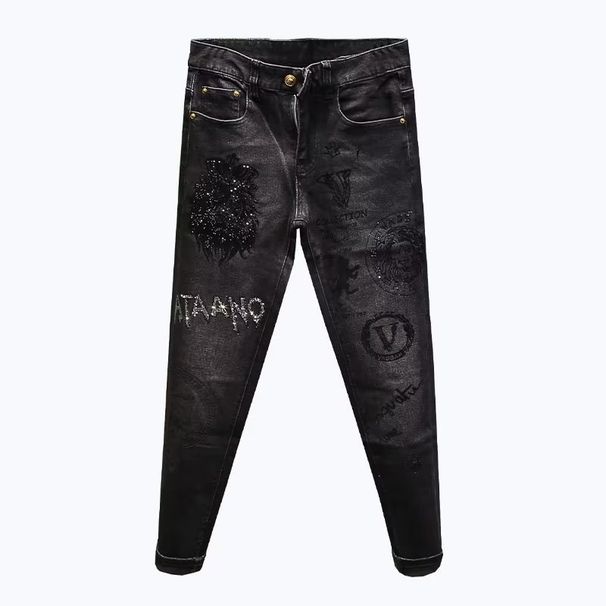 Man's clothing Fashion jeans men heavy iron drill print fashion stretch slim black men's pants_viptrois.com