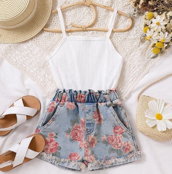 Mother & Kids Cross-border Cute Girls Jumpsuit Suspender Pit Denim Print Suit Wholesale Dropshipping_viptrois.com
