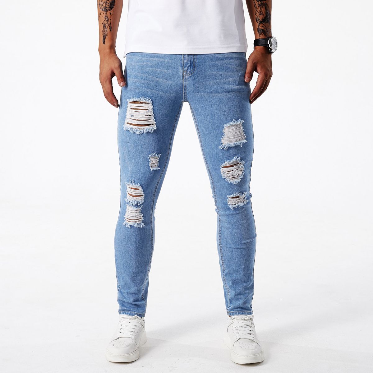 Men's Clothing Pants Ripped Jeans Youth Versatile Trendy Elastic Slim Fit Pencil Pants_viptrois.com